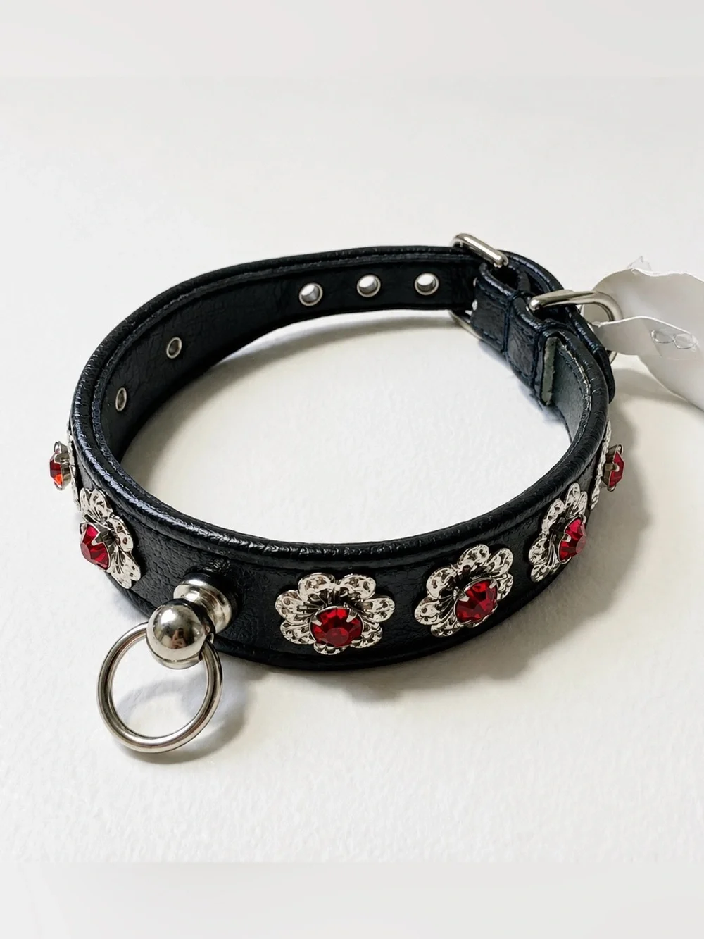 Collar Craft Black Faux Leather with Red Rhinestones in Floral Studs | Size 12